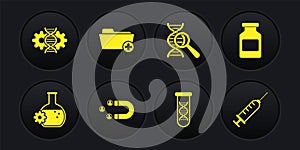 Set Bioengineering, Medicine bottle, Customer attracting, DNA research, search, and Health record folder icon. Vector