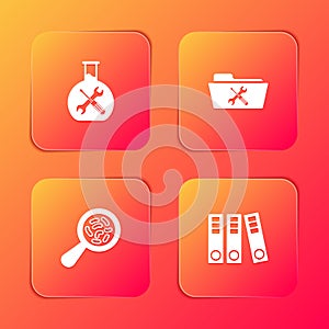 Set Bioengineering service, Folder, Microorganisms under magnifier and Office folders icon. Vector