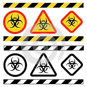 Set on Biohazard or biological threat alert icon. Warning sign of virus. Danger Coronavirus Bio hazard symbol. Vector