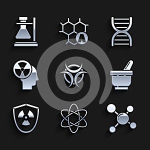 Set Biohazard symbol, Atom, Molecule, Mortar and pestle, Radioactive in shield, Human head radiation, DNA and Test tube