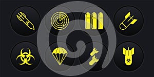 Set Biohazard symbol, Aviation bomb, Parachute, Bullet, Radar with targets, and Nuclear rocket icon. Vector