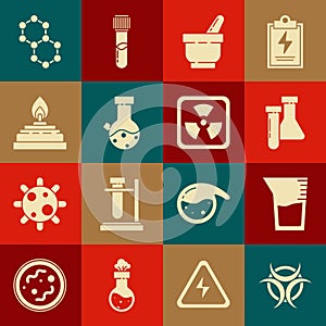 Set Biohazard symbol, Laboratory glassware or beaker, Test tube and flask chemical, Mortar pestle, Alcohol spirit burner
