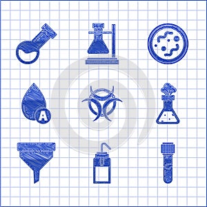 Set Biohazard symbol, Laboratory wash bottle, Test tube and flask chemical, Funnel filter, Water drop, Bacteria and icon