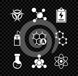 Set Biohazard symbol, Molecule, Laboratory clipboard with checklist, Test tube and flask chemical, Bacteria, Atom, wash