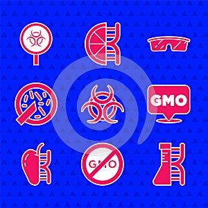 Set Biohazard symbol, No GMO, DNA research, search, Genetically modified apple, Petri dish with bacteria, Laboratory