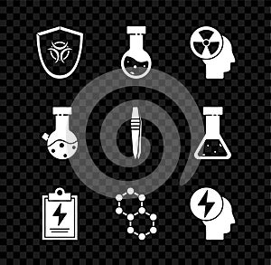 Set Biohazard symbol on shield, Test tube and flask chemical, Human head radiation, Laboratory clipboard with checklist