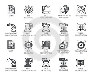 Set of biometric buttons. 10 icons in linear and glyph designs. Authorization, identification and verification symbols