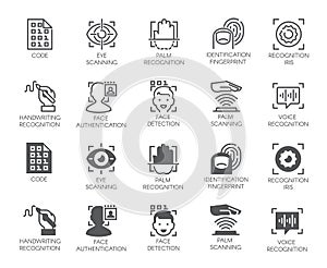 Set of biometric buttons. 10 icons in linear and glyph designs. Authorization, identification and verification symbols photo