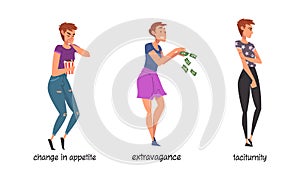 Set of bipolar disorder symptoms. Change in appetite, extravagance, taciturnity cartoon vector illustration