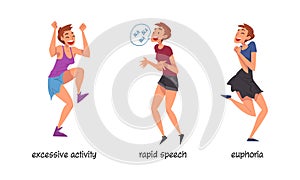 Set of bipolar disorder symptoms. Excessive activity, rapid speech, euphoria cartoon vector illustration