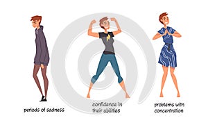 Set of bipolar disorder symptoms. Periods of sadness, confidence in their abilities, problems with concentration cartoon
