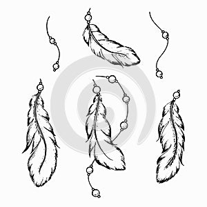 Set of bird feathers and beads on threads ink hand drawn. Elegant black outline quills for banners cards social media template.