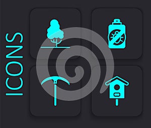 Set Bird house, Fruit tree, Spray against insects and Pickaxe icon. Black square button. Vector