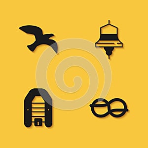 Set Bird seagull, Nautical rope knots, Inflatable boat with motor and Ship bell icon with long shadow. Vector