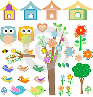 Set birds with birdhouses, owls, trees and flowers