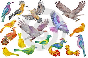 A set of birds painted in watercolor and isolated on a white background.