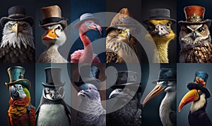 Set of birds portraits with hats in the studio