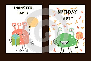 Set of birthday anniversary posters with cute monsters