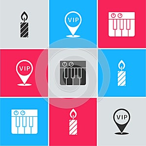 Set Birthday cake candles, Location Vip and Music synthesizer icon. Vector