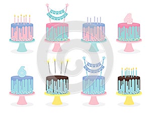 Set of birthday cakes with candles and decoration