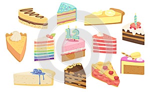 Set Birthday Cakes Dessert Pieces with Candles, Fruits or Berries. Confectionery Sweet Production Pies, Pastry, Bakery