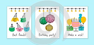 Set of Birthday cards. Best friends. Birthday party. Vector illustration