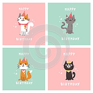 Set of birthday cards. Cat in festive cap.Cartoon