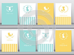 Set of birthday cards,poster,template,greeting cards,animals,Vector illustrations