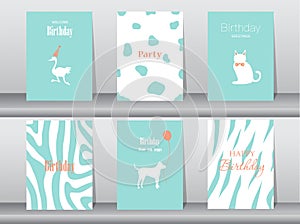 Set of birthday cards,poster,template,greeting cards,cake,bird,Vector illustrations