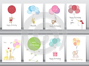 Set of birthday cards,poster,template,greeting cards,sweet,balloons,animals,Vector illustrations