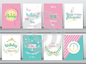 Set of birthday cards,poster,template,greeting cards,sweet,balloons,cake,feather,Vector illustrations