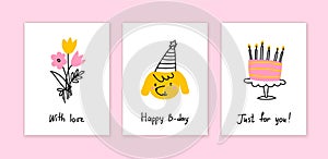 Set of Birthday cards. Vector illustration with bouquet of flowers, dog, cake with candles. Handwritten lettering