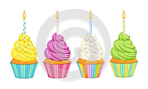 Set of birthday cupcakes with candles. Bright colorful festive pastry.