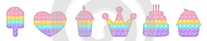 Set of birthday forms pop it a fashionable pastel rainbow fidget toys. Addictive anti stress toy in pastel colors