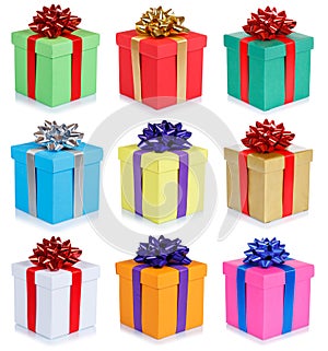 Set of birthday gifts christmas presents portrait format boxes isolated on white background