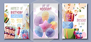 Set birthday greeting card design. Banner, flyer template with colorful balloons, a bunch of gifts, cakes, confetti and