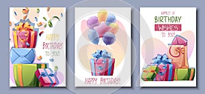 Set birthday greeting card design. Banner, flyer template with colorful balloons, a bunch of gifts, confetti and
