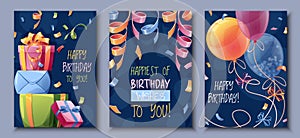 Set birthday greeting card design. Banner, flyer template with colorful balloons, a bunch of gifts, confetti and