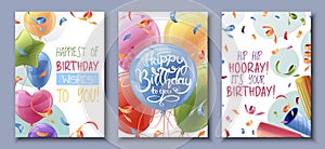 Set birthday greeting card design. Banner, flyer template with colorful balloons, confetti and serpentine. Happy