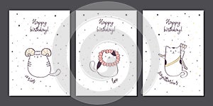 Set of birthday greeting cards design with cute cartoon zodiac cats