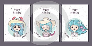 Set of birthday greeting cards design with cute cartoon zodiac girls