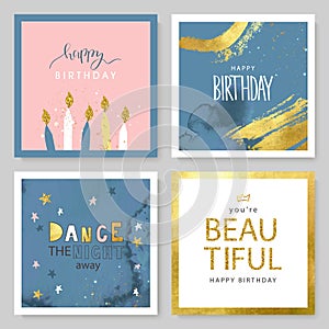 Set of Birthday greeting cards and party invitation templates with hand drawn elements and watercolor texture. Vector