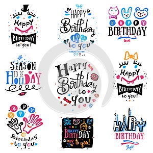 Set of birthday logo, labels and illustrations.