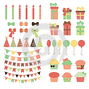 Set of birthday party design elements. Colorful balloons, flags, confetti, gifts, cupcakes, candles, bows and decorative ribbons