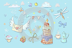Set of birthday party elements with tea pot and cake.Vector illustration.