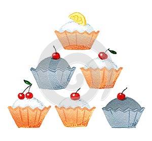 Set of biscuit cakes with lemon and cherry,isolated on a white background