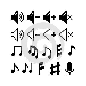 Set of 8-bit pixel graphics icons. Isolated vector illustration. Game art. black and white image, note, sound, volume level