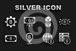 Set Bitcoin, circuit, Server bitcoin, Globe, Cryptocurrency, Blockchain technology, and with icon. Vector
