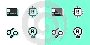 Set Bitcoin, Credit card with bitcoin, Cryptocurrency key and CPU mining farm icon. Vector