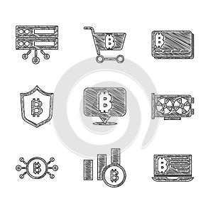 Set Bitcoin, Pie chart infographic bitcoin, Mining from laptop, Video card, circuit, Shield with, Credit and Server icon